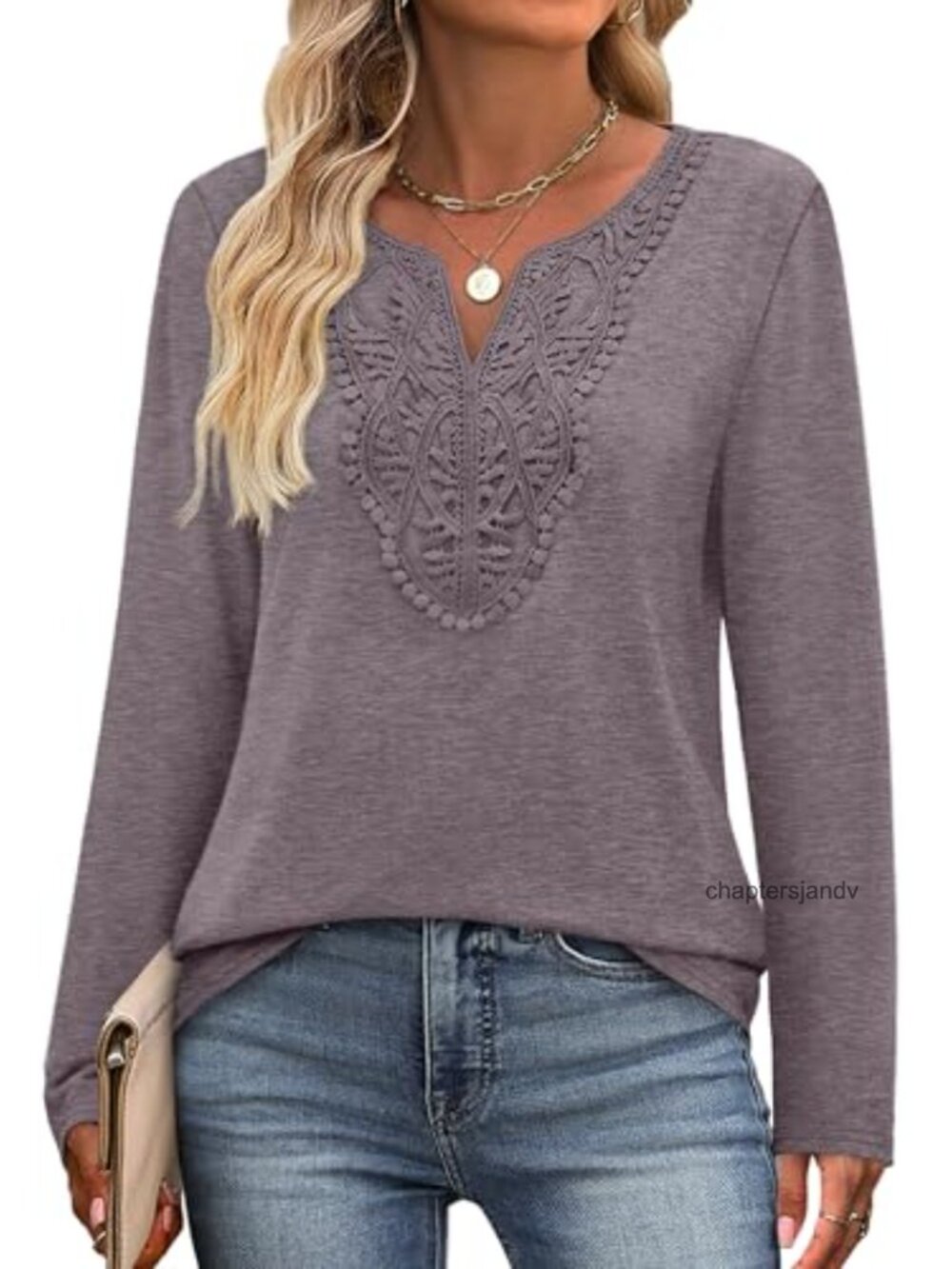 V Neck Lace Front Tunic Top - Soft Flowy Long Sleeve Blouse